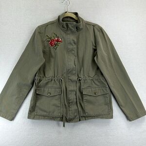 LOFT Outlet Embroidered Utility Jacket Sz M Green Drawstring Zip/Snap Front